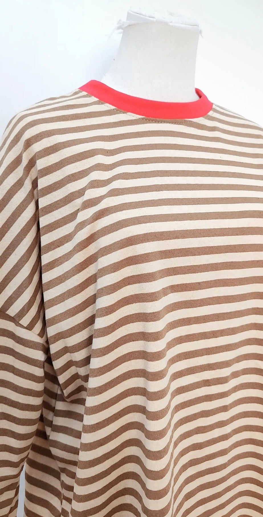 Long Sleeved Striped Cotton T-Shirt in Mocha & Cream