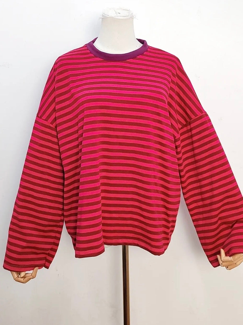 Long Sleeve Striped Cotton T-Shirt in Burgundy & Pink