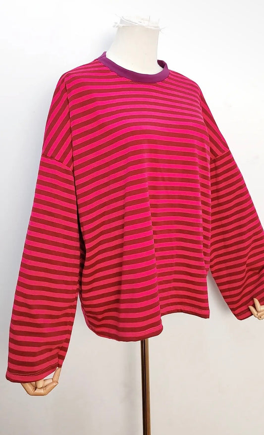 Long Sleeve Striped Cotton T-Shirt in Burgundy & Pink