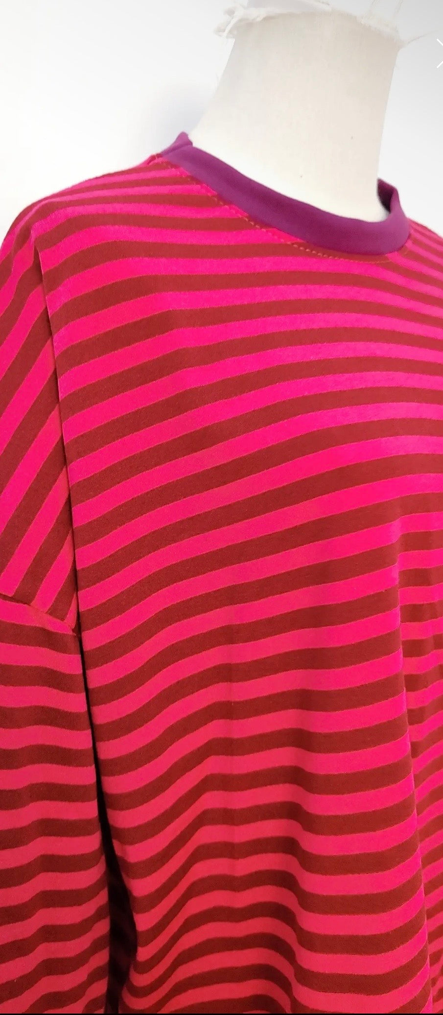 Long Sleeve Striped Cotton T-Shirt in Burgundy & Pink