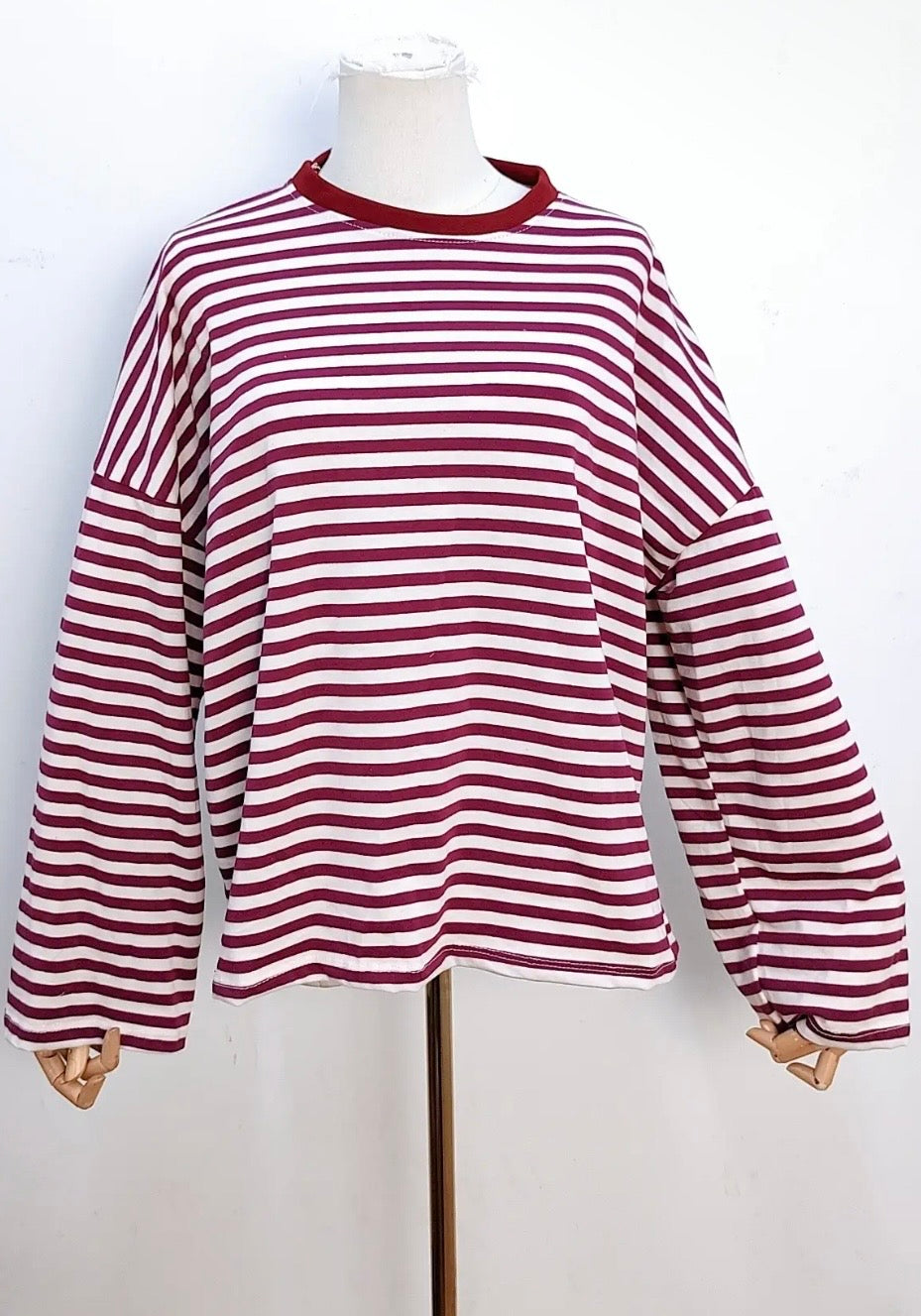 Long Sleeve Striped Cotton T-Shirt in Mauve & Cream