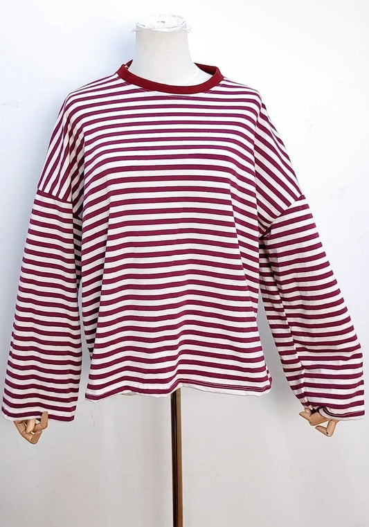 Long Sleeve Striped Cotton T-Shirt in Mauve & Cream