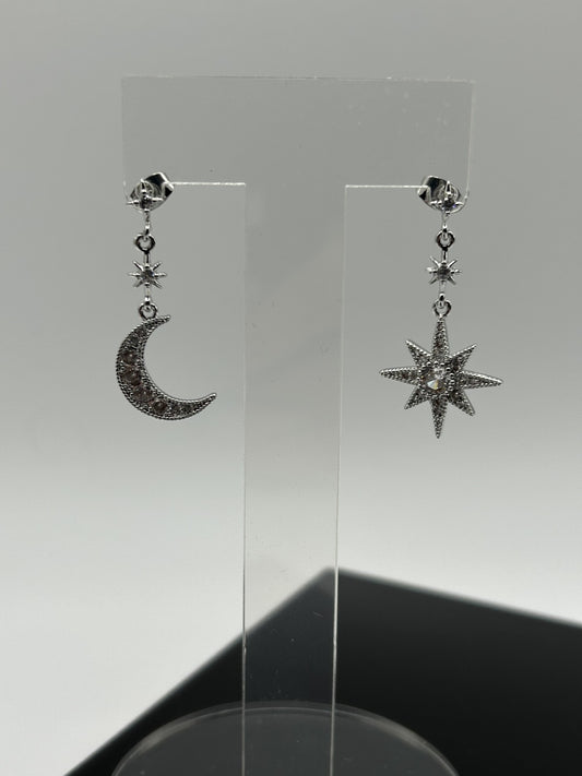 Bria Celestial Moon and Star Drop Earrings - Silver Plated