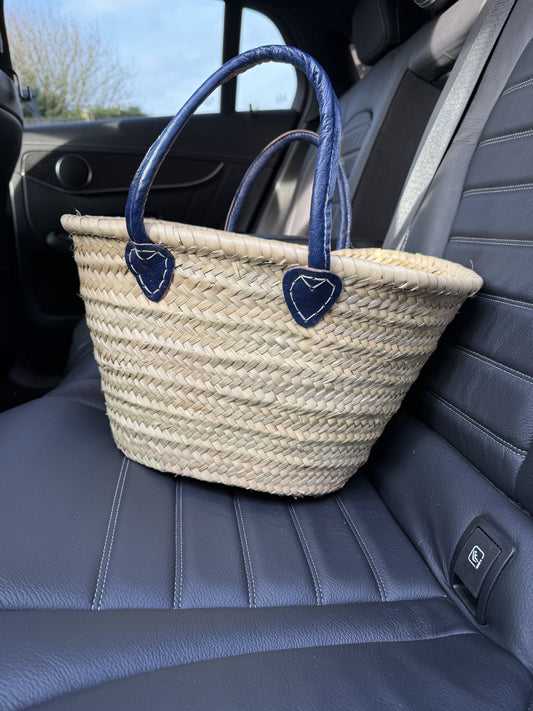 Short Handle French Basket Bag with Navy Leather Handles