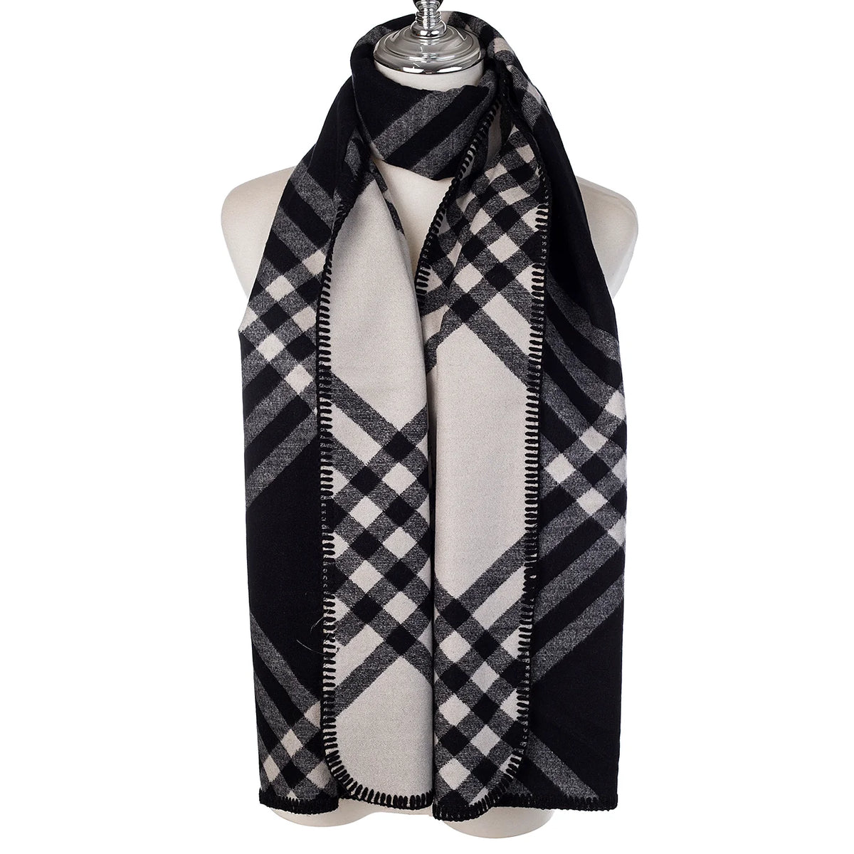 Large Plaid Design Scarf in Black & Winter White