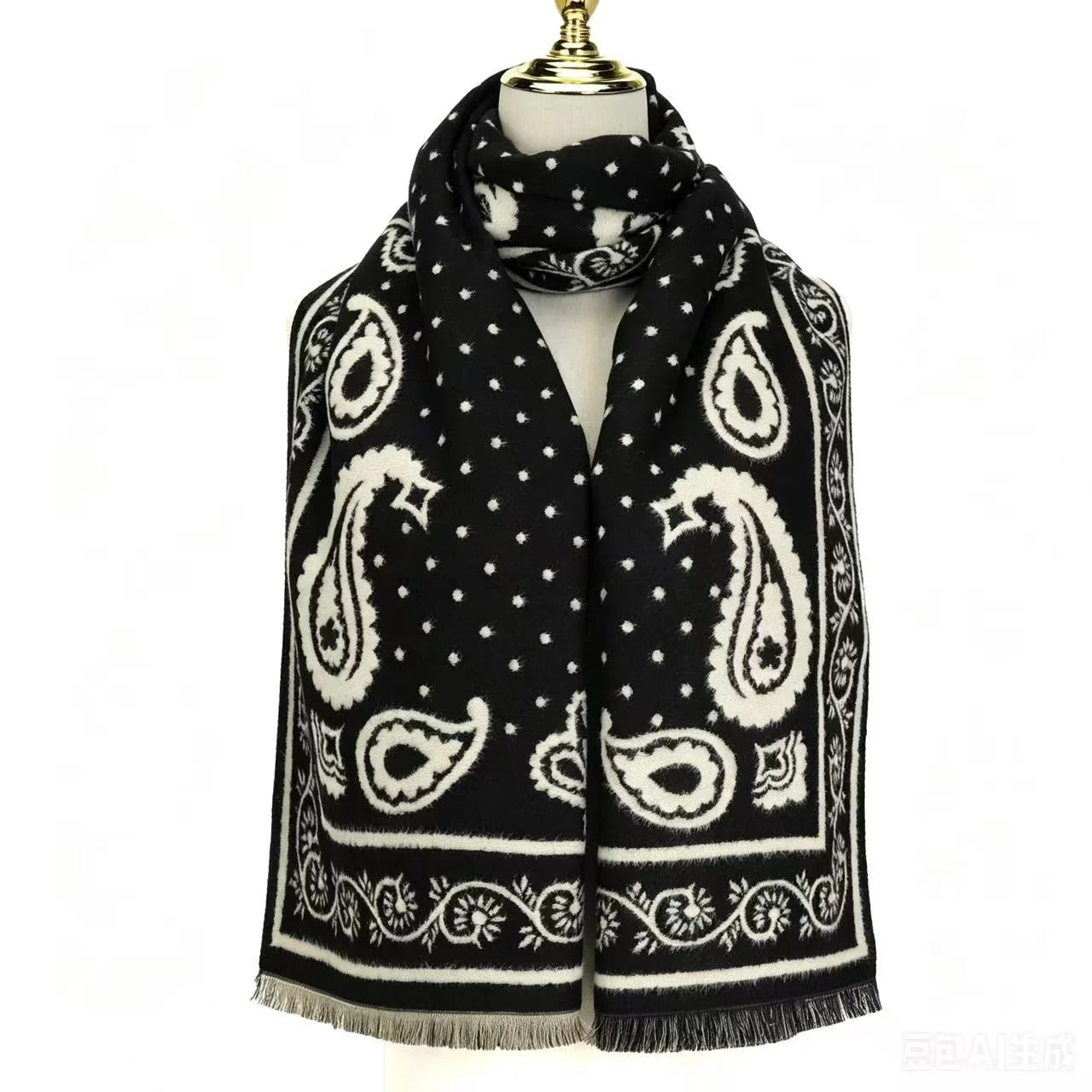 Large Paisley Design Scarf in Black & Winter White