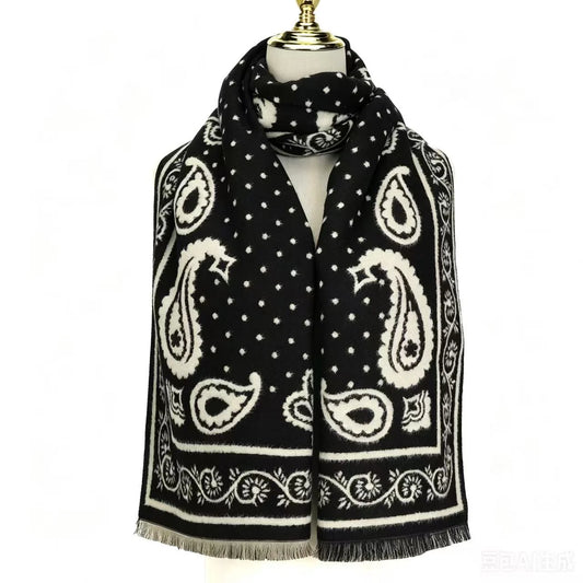 Large Paisley Design Scarf in Black & Winter White