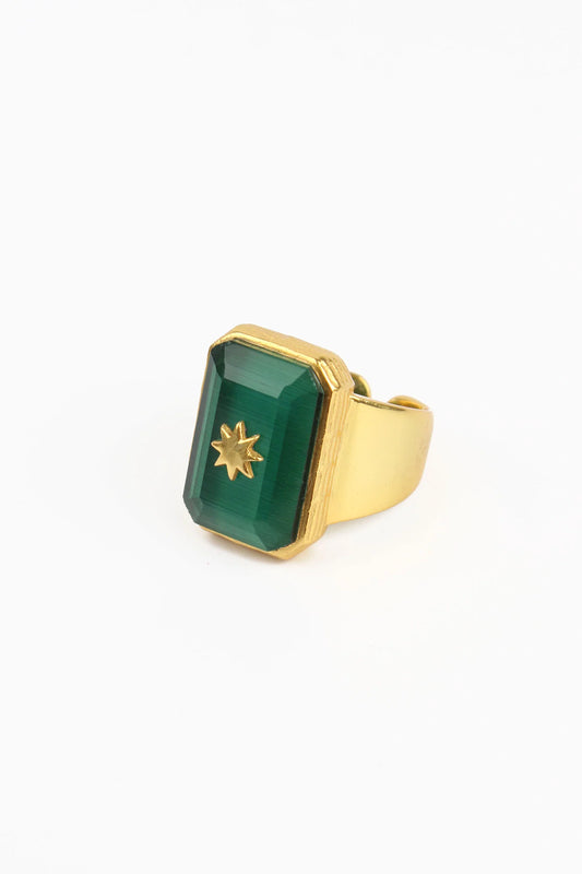 Statement Ring with Monalisa Stone in Green and Gold - My Doris