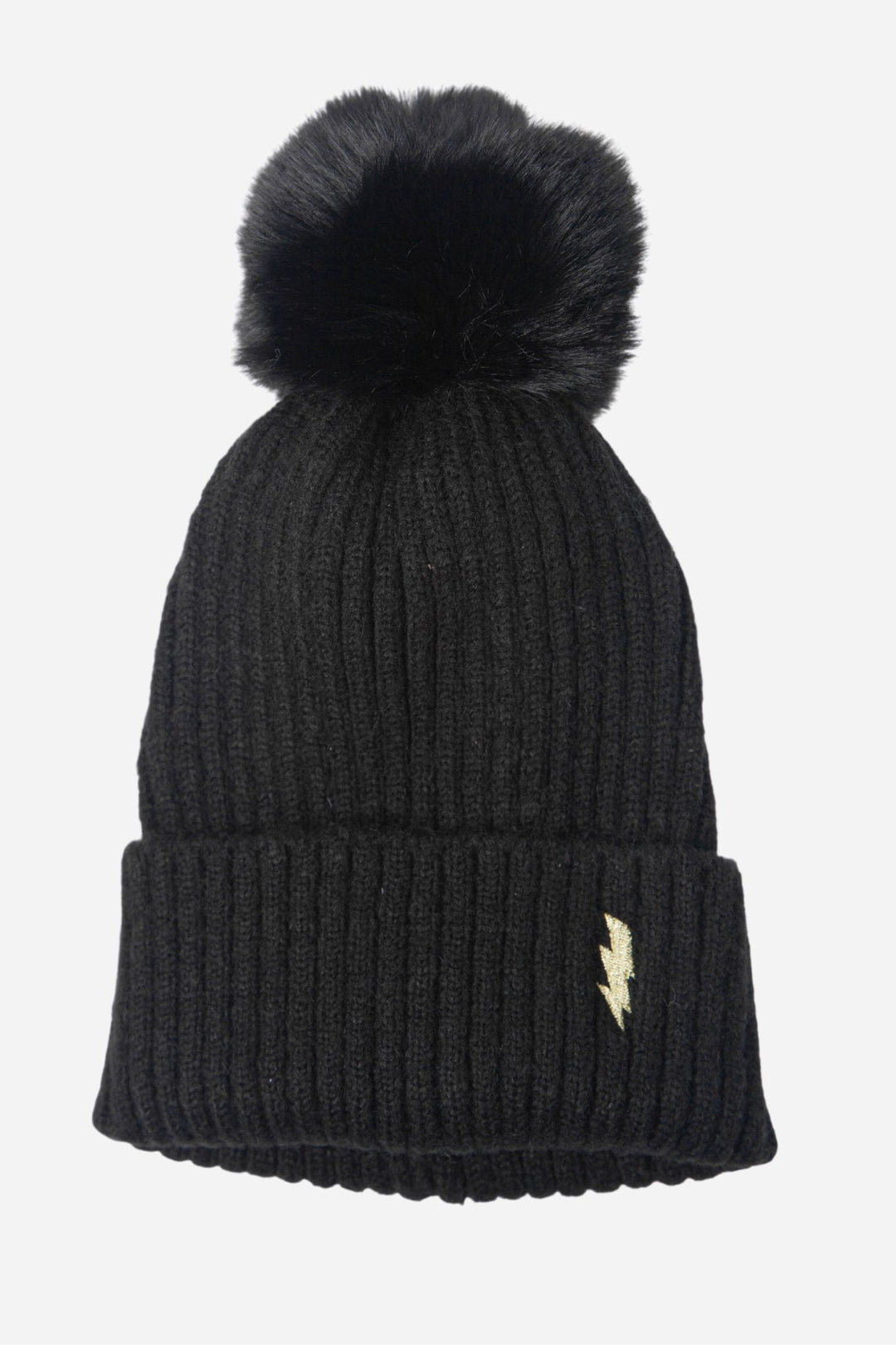 Black Bobble Hat with Gold Lightening Bolt Detail