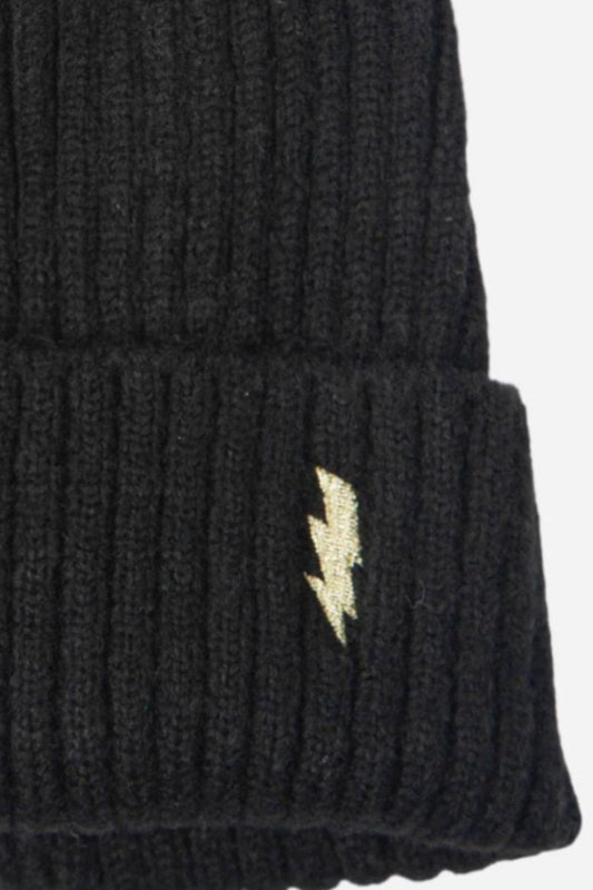 Black Bobble Hat with Gold Lightening Bolt Detail