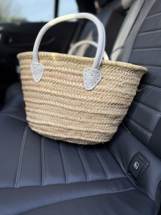 Short Handle French Basket Bag with White Leather Handles