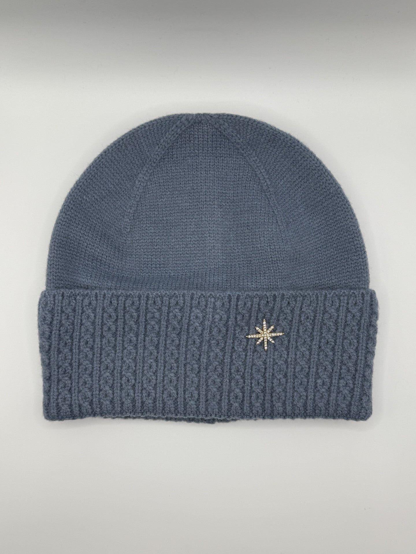 Cable Knit Beanie with Diamante Star - Blue