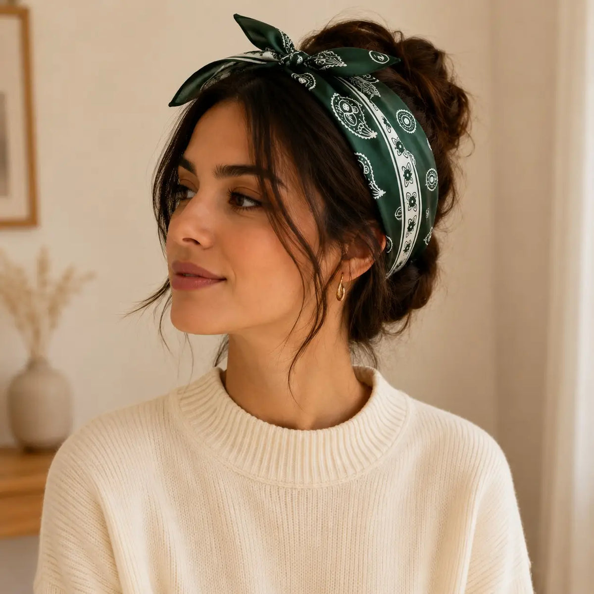 Faux Silk Square Scarf in Green Paisley Print