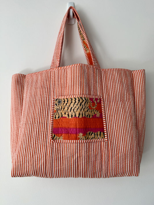 Tiger Print Tote Bag in Pink and Orange Stripe