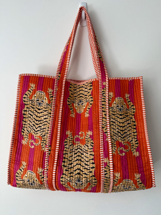 Tiger Print Tote Bag in Pink and Orange Stripe