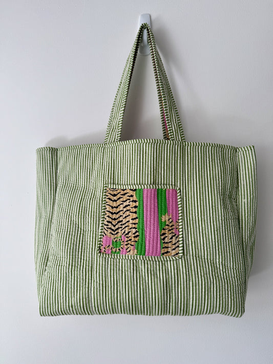 Tiger Print Quilted Tote Bag in Pink and Green Stripes