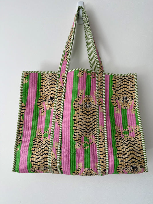 Tiger Print Quilted Tote Bag in Pink and Green Stripes