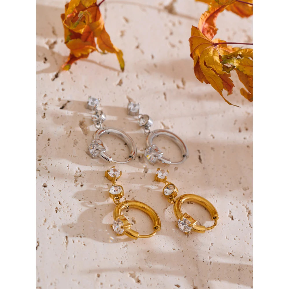 Sparkling CZ Drop Hoop Earrings in Gold - NOSTRUM