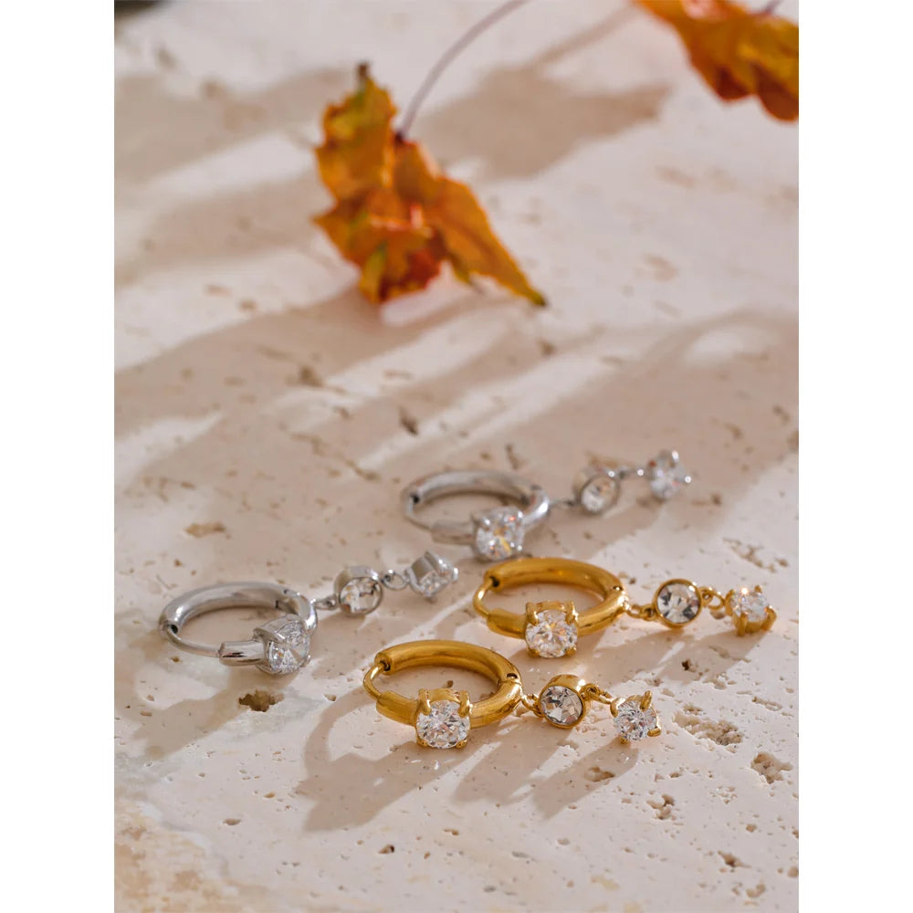 Sparkling CZ Drop Hoop Earrings in Gold - NOSTRUM