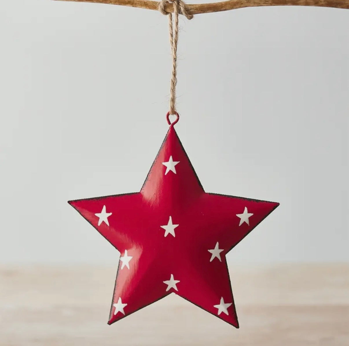 Red Metal Hanging Star with Star Print