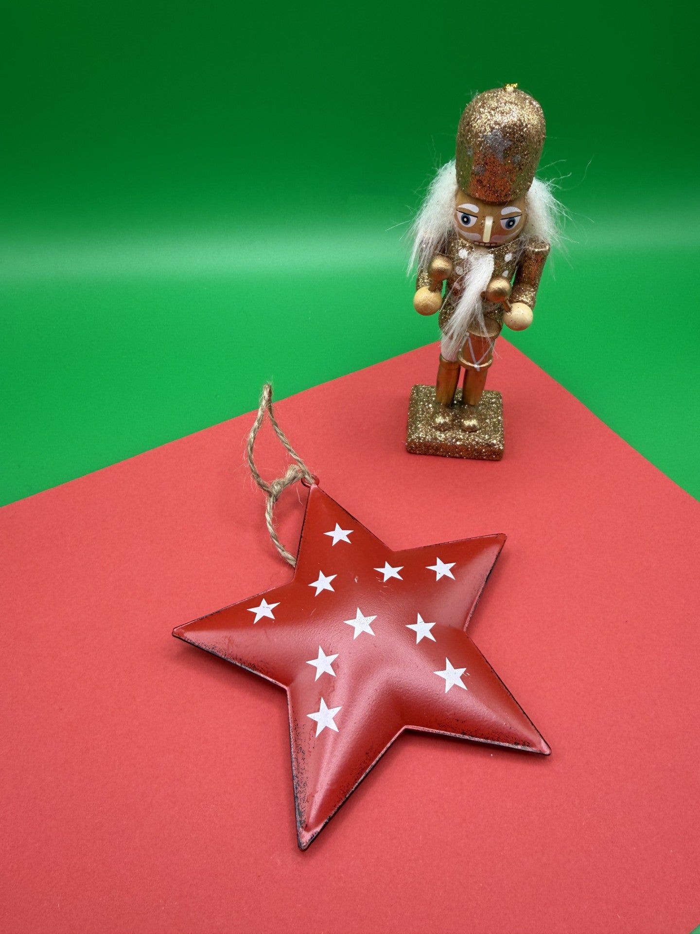 Red Metal Hanging Star with Star Print