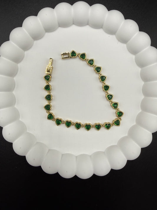 Emerald Green CZ Heart Shaped Tennis Bracelet in Gold - NOSTRUM