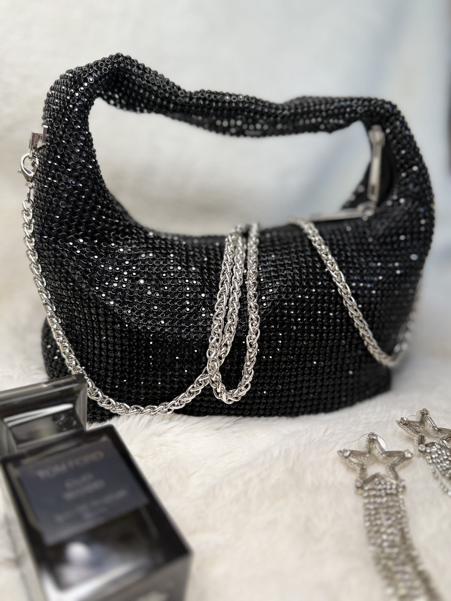 Black Top Handled Sparkly Evening Bag with Removable Chain Strap
